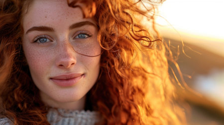 Close-up portrait of a beautiful young woman with a dreamy, smiling face, freckles, curly red hair, and blue eyes.の素材