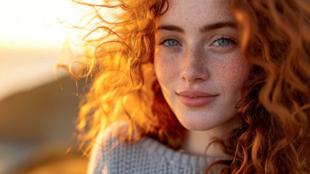 Close-up portrait of a beautiful young woman with a dreamy, smiling face, freckles, curly red hair, and blue eyes.の素材
