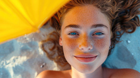 Young woman with freckles, blue eyes, and curly red hair taking a selfie while lying on the sandy ocean beachの素材