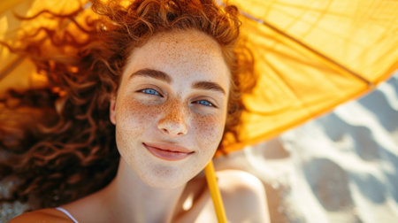 Young woman with freckles, blue eyes, and curly red hair taking a selfie while lying on the sandy ocean beachの素材