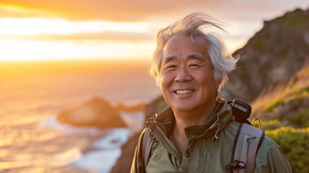 Active elderly Asian man with gray hair wearing sports wear for hiking and backpack is standing on the hill looking at the sunset over the ocean. He is happy and relaxed.の素材