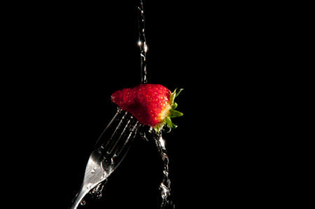 Red strawberry on a fork with black の写真素材