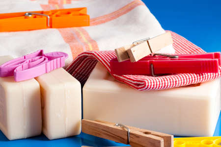 soap, clothes and put on a tablecloth a blue clean