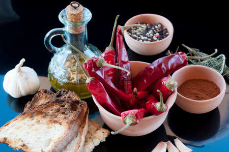 red chillies, oil, bread, garlic and pepper in a jar of clay