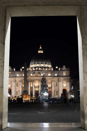 Basilica of Saint Peter at night in winter. Vatican.の写真素材