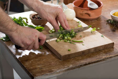 Chop celery, tomato, onions on a wooden cutting board for cooking.