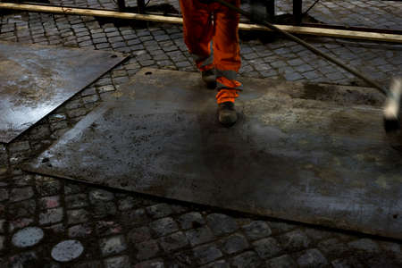 Builder worker to work at night for road construction .の写真素材