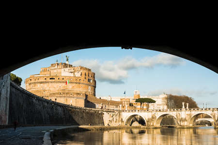 image of bridge Vittorio Emanuele reflection on the river Tiber.のeditorial素材