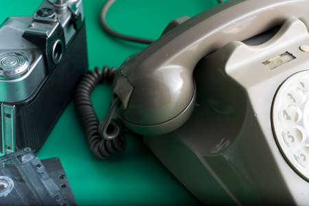 Objects vintage 80s, phone, stereo cassette, camera roll.の写真素材