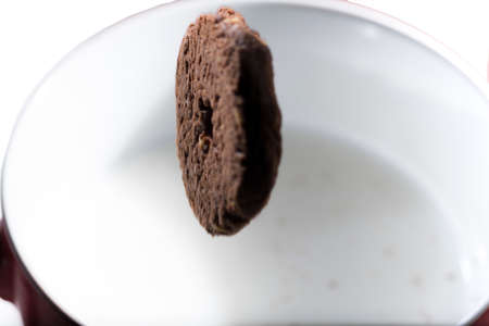 chocolate chip cookie that is falling into a cup of milk, causing splashesの写真素材