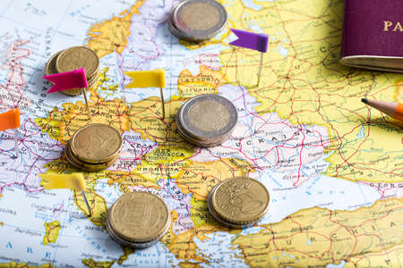 pushpins on the geographical map to plan a trip.の写真素材