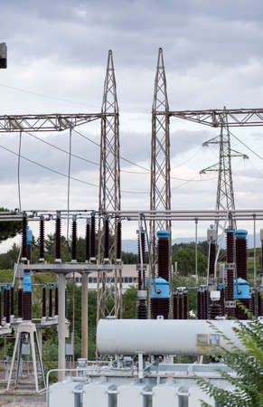 electrical insulators and other details in a power stationの写真素材