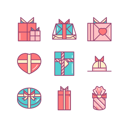 Gift boxes sings set. Thin line art icons. Flat style illustrations isolated on white.のイラスト素材
