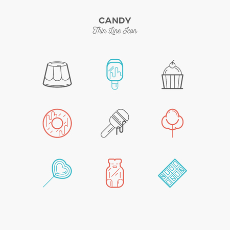 Desserts, honey, jelly bear, cake, candy, chocolate thin line color icons set, vector illustrationのイラスト素材