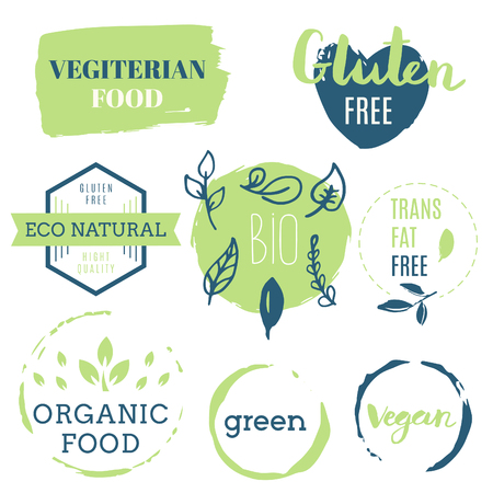 Fresh, organic, gluten free, 100% bio, premium quality, locally grown, healthy food natural products, farm fresh stickers. Vector menu organic labels, food products packaging bio emblems set.のイラスト素材