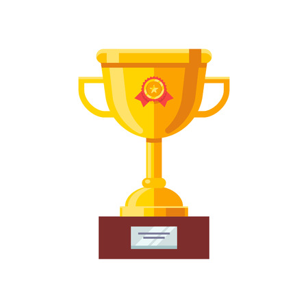 Shining golden cup award prize with red ribbon and wood pedestal. Modern flat style vector illustration isolated on white background.のイラスト素材
