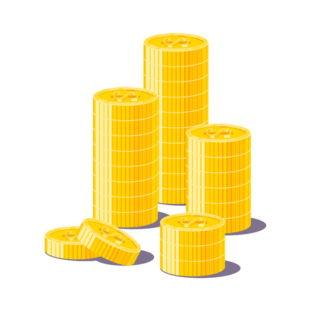 Stack gold dollars isolated cartoon. Bunches of gold dollars and dollar signs for designers and illustrators. Gold stacks of pieces in the form of a vector illustration
のイラスト素材