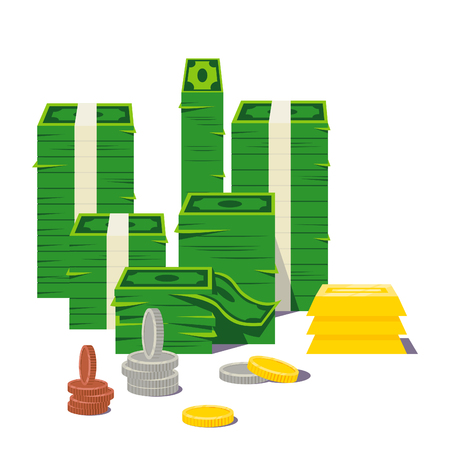 Big stacked pile of cash. Some gold bars and coins. Personal treasure. Flat style isometric illustration. EPS 10 vector.のイラスト素材