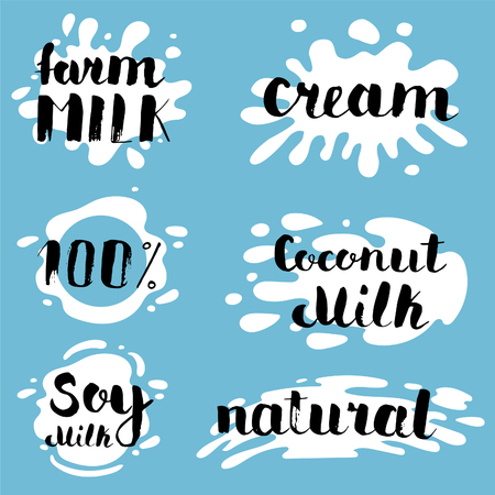 Milk labels vector set. Splash and blot design, shape creative illustrationのイラスト素材
