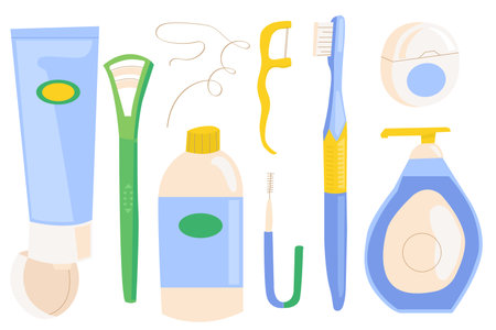 Mouth cleaning tools. Oral hygiene teeth care dental tools, mouthwash mint toothpaste flossing toothpicks toothbrush tooth brush floss medical accessory, dental hygiene. Vector illustrationのイラスト素材