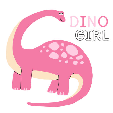 Dinosaurus cute vector. Dino girl lettering. Prehistoric animal like brachiosaurus. Make for greeting cards and baby shower party. Flat isolated illustration.のイラスト素材