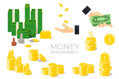 Money and coins set. Stacks of bills. Cash payment. Money falls into your hands. Banking services. Flat vector illustrationのイラスト素材