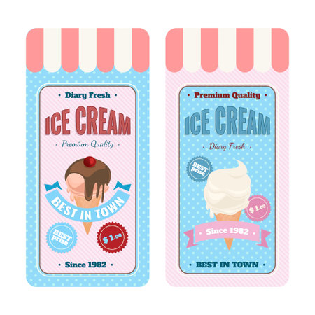 Ice cream social media banners set. Sweet cold dessert. Retro brand tags with text. Branding for cafe or shop. Flat Vector illustration collection.のイラスト素材