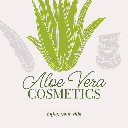 Aloe vera cosmetics concept for spa. Natural ingredient in beauty industry. Design template for dermatology branding. Emblem of Aloe plant in hand drawn style. Ink sketch illustration.のイラスト素材