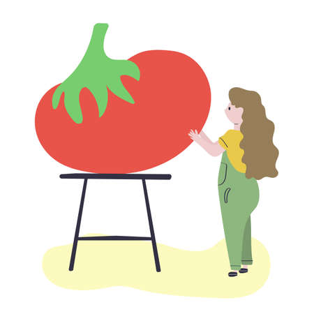 Little woman with big tomato on the table. Flat fun vector illustration.のイラスト素材