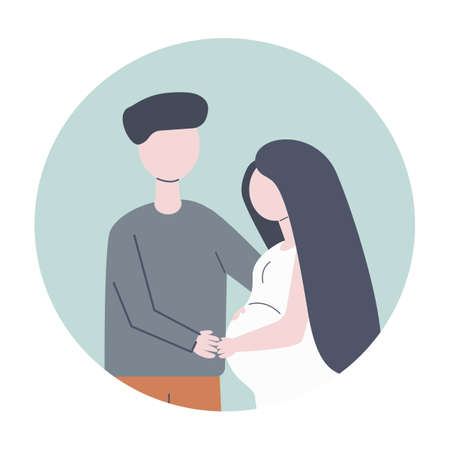 Pregnant woman and man. Husband hugs his pregnant wife. Expecting baby. Flat vector illustration.のイラスト素材