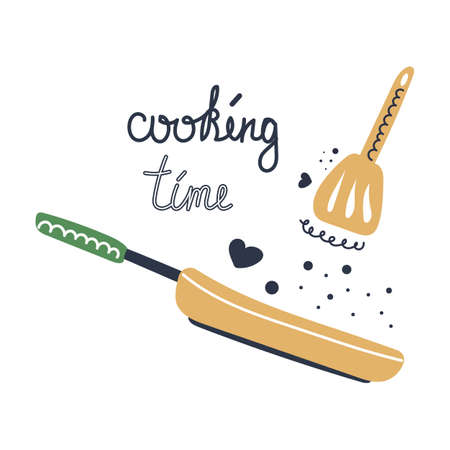 and drawn frying pan with text cooking time. Flat vector illustration.のイラスト素材