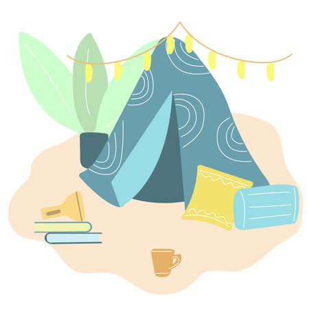 Blanket fortress, tent at home for children ir teenagers with pillows and garland. Home party. Flat vector illustration.のイラスト素材