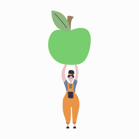Woman holding big apple. Healthy food concept, vegetarian, harvest. Flat vector illustration.のイラスト素材