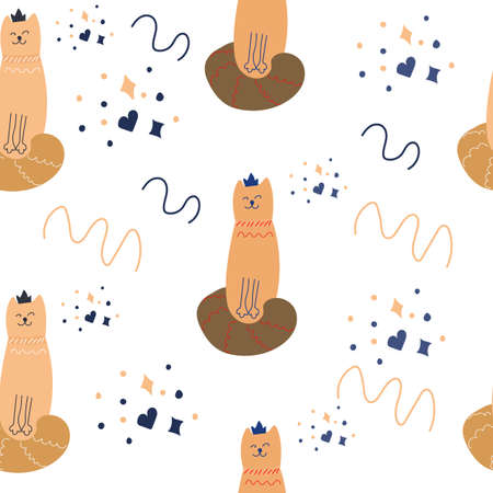 Seamless pattern of cute dream cat with crown. drops and hearts. Flat vector illustration for childish design.のイラスト素材