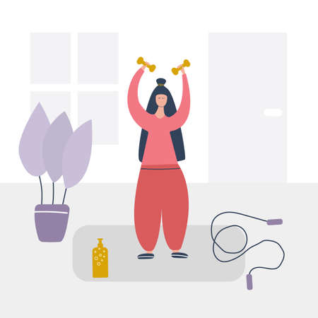 Woman does sports at home, fitness, dumbbells, jump rope, water bottle. Body positive concept. Time alone.のイラスト素材