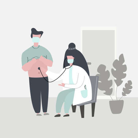 Medical consultation. A female doctor listens with a stethoscope to the lungs of a male patient. Flat illustration.のイラスト素材