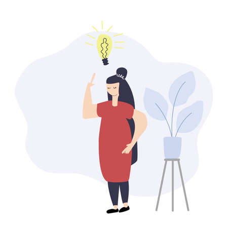 Woman have idea with plant and lightbulb. Flat vector illustration.のイラスト素材