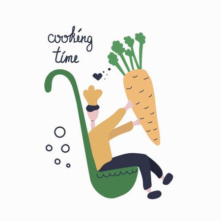 Chef sitting in a ladle and holding a large carrot and text cooking time. Flat vector illustration.のイラスト素材