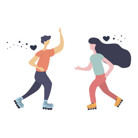 Man and woman roller blading, going to meet each other. Date, love, sport. Flat illustration.のイラスト素材