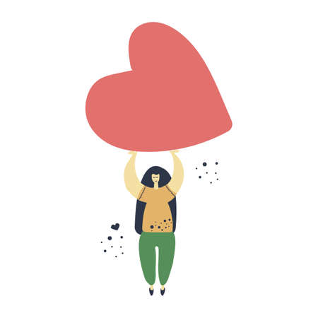 Girl holding large heart, woman in love. Give your heart concept, charity work design. Hand drawn illustration isolated on white background. Valentine day, volunteer.のイラスト素材