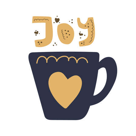 Cup of coffee or tea with heart and text JOY. Hand drawn concept. Flat vector illustration isolated on white background for cafe, home, kitchen or print design.のイラスト素材