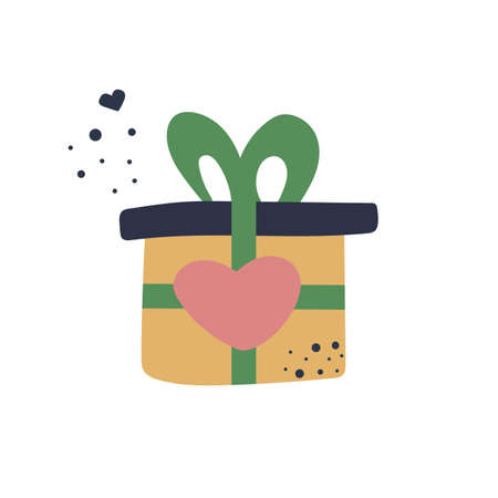 Cute gift box with bow and heart. Surprise, present with love, celebration, happy birthday. Hand drawn concept. Flat illustration.のイラスト素材