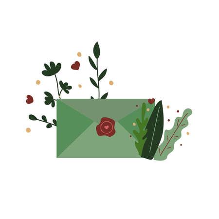 Dark green envelope with leaves and little hearts. Post, mail, send e-mail. Flat vector illustration.のイラスト素材