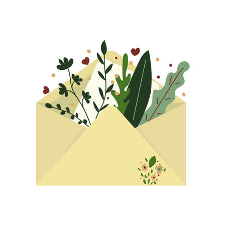 Open envelope with a letter and flowers and leaves, hearts, mail, send emails. Flat vector illustration. Herbarium, tenderness and love design.のイラスト素材