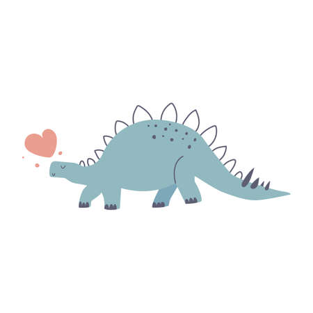Cute blue dinosaur with heart for nursery design. Flat vector illustration isolated on white background. Hand drawn concept.のイラスト素材