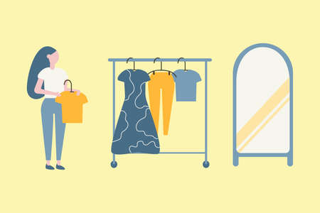 Woman tries on clothes, dressing room, hangers with clothes, mirror, shop open. Modern flat illustration.のイラスト素材