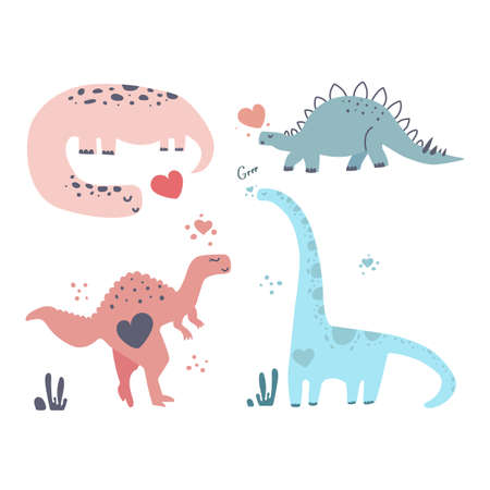 Set of cute dinosaurus for nursery print design for boys and girls. Flat vector illustration.のイラスト素材