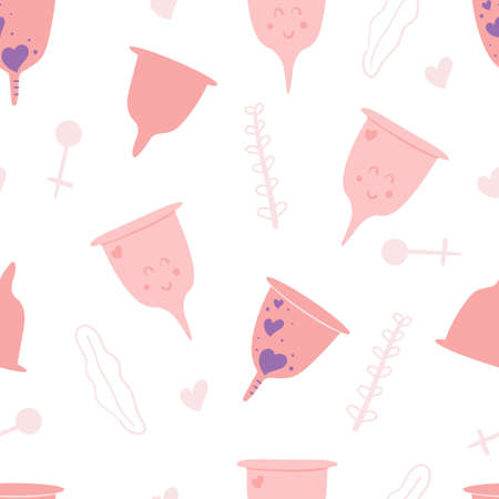 Cute and gentle seamless pattern of menstrual cup. Menstrual protection for women, zero waste, eco feminine hygiene. Hand drawn flat vector illustration.のイラスト素材