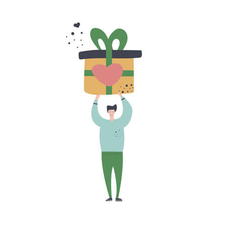 Man with big gift box, happy birthday or celebration concept. Love Hand drawn flat vector illustration.のイラスト素材