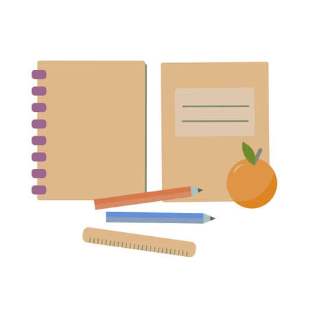 Notebook, exercise book, copybook, ruler, orange and pencils. Back to school essentials for elementary grade or education concept. Flat illustration.のイラスト素材